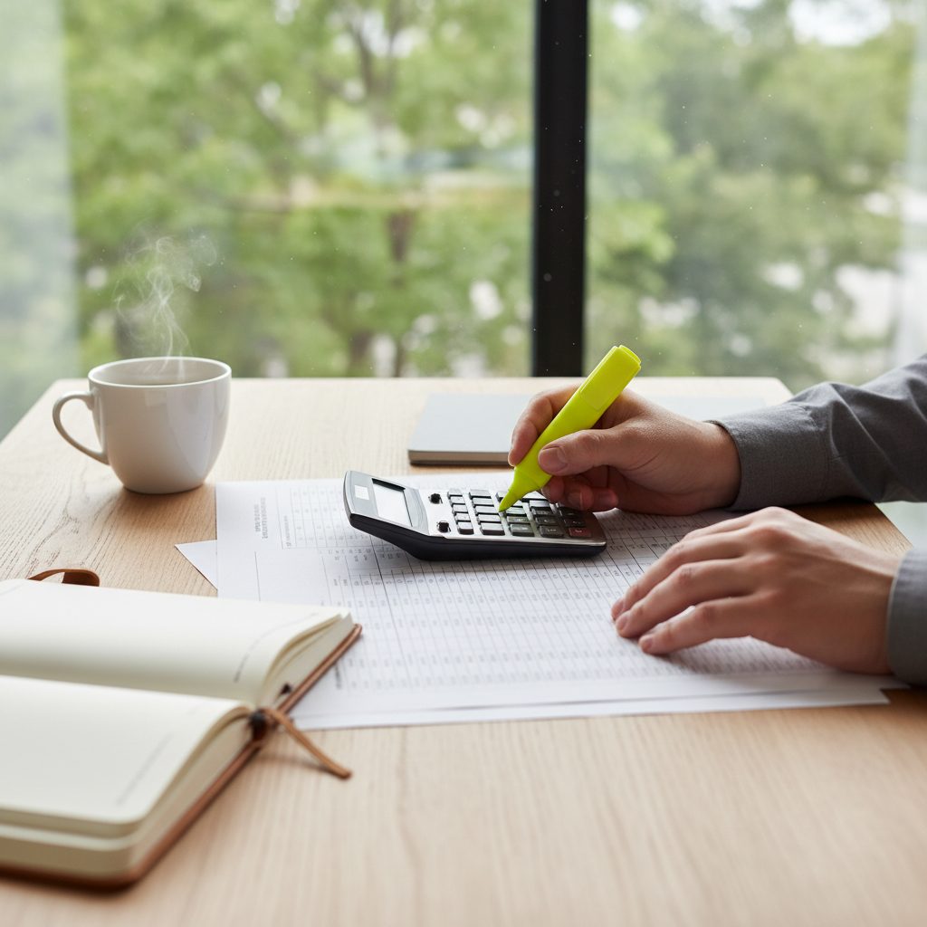 Person reviewing a printed property management financial statement with a calculator