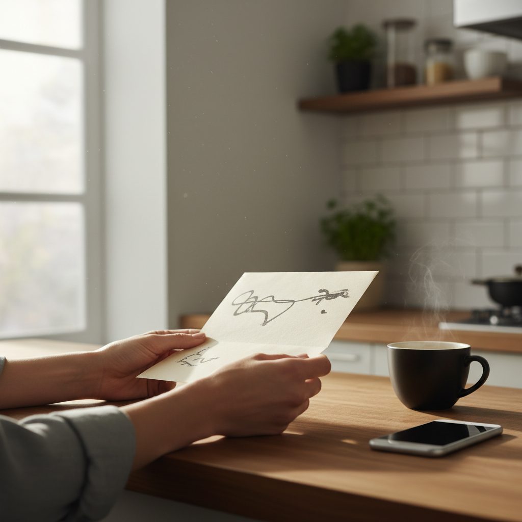 Hands holding an open property manager change notification letter at a kitchen counter