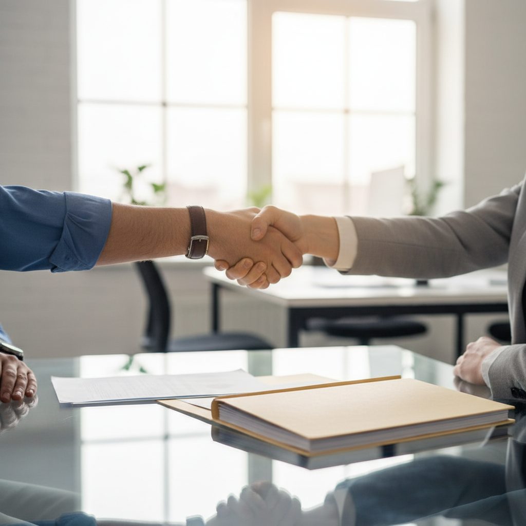 Two professionals shaking hands across a desk during a property management handover